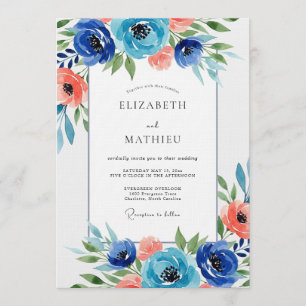Navy Floral Watercolor Wedding Invitation