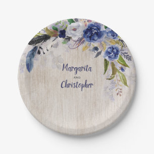 Navy Floral Watercolor Wedding Paper Plates