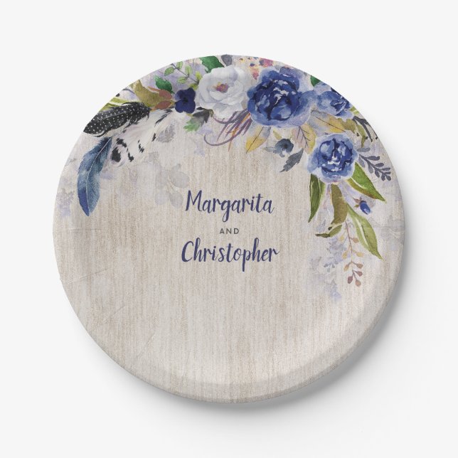 Navy Floral Watercolor Wedding Paper Plates (Front)