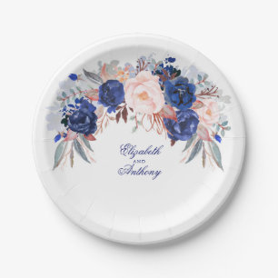Navy Floral Watercolor Wedding Paper Plates