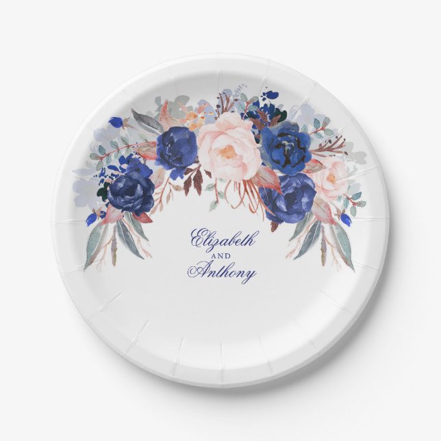 Navy Floral Watercolor Wedding Paper Plates (Front)