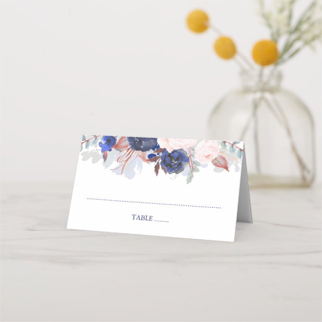 Navy Floral Watercolor Wedding Place Card (Front)