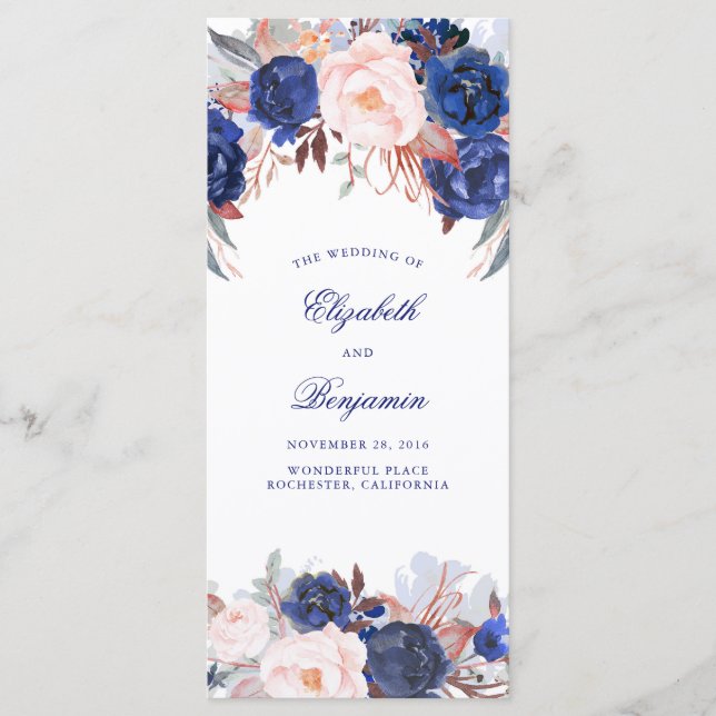 Navy Floral Watercolor Wedding Programs (Front)