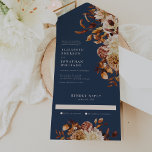 Navy Floral Wedding All In One Invitation<br><div class="desc">Navy Floral Wedding All in One Invitation. This elegant all-in-one wedding invitation features hand-painted watercolor burnt orange and terracotta leaves,  cream and beige dahlias,  and beautiful rust-colored roses on a navy blue background. RSVP is included with this stylish invite. Find matching items in the Navy Blue Autumn Romance Collection.</div>