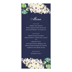 Navy floral wedding dinner. White flowers menu