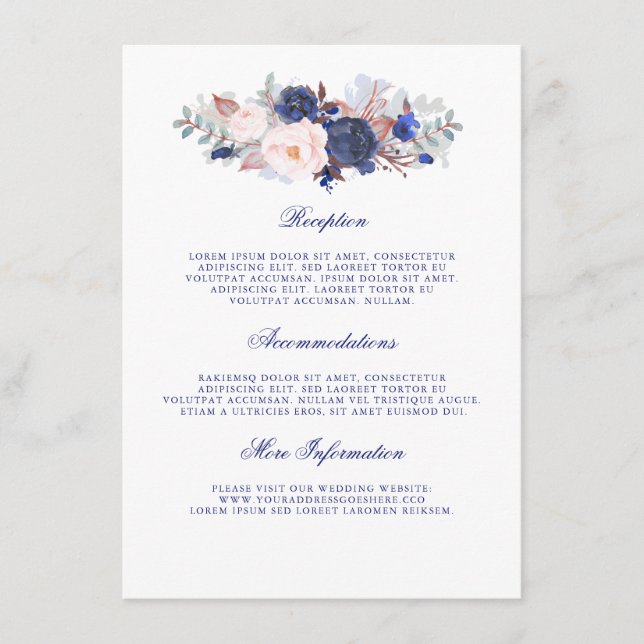 Navy Floral Wedding Information Guest Enclosure Card (Front)