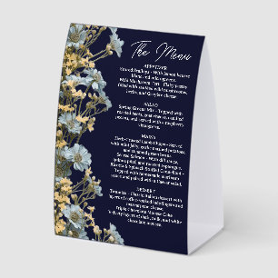 Navy Floral Wedding Menu, Minimalist Menu, Elegant Paper Table Tent