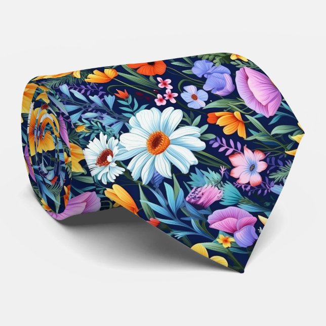 Navy Floral Wedding Neck Tie (Rolled)