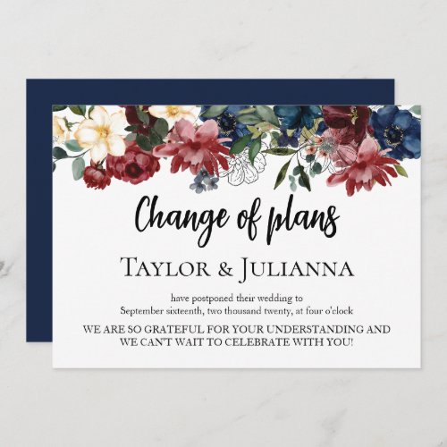 Navy Floral Wedding Postponement Announcement