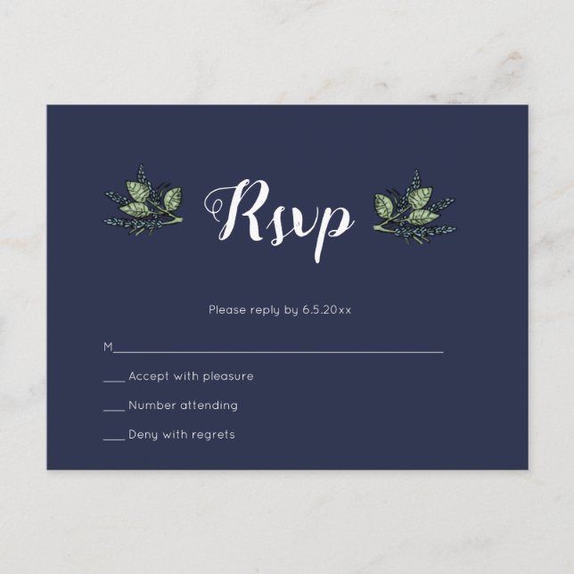 Navy floral wedding rsvp postcards (Front)