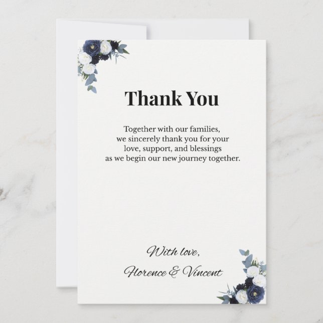 Navy Floral Wedding Thank You Card (Front)