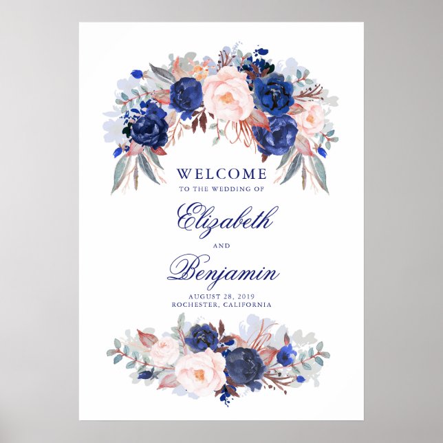 Navy Floral Wedding Welcome Sign (Front)