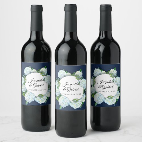 Navy Floral White Hydrangea Elegant Rustic Wedding Wine Label