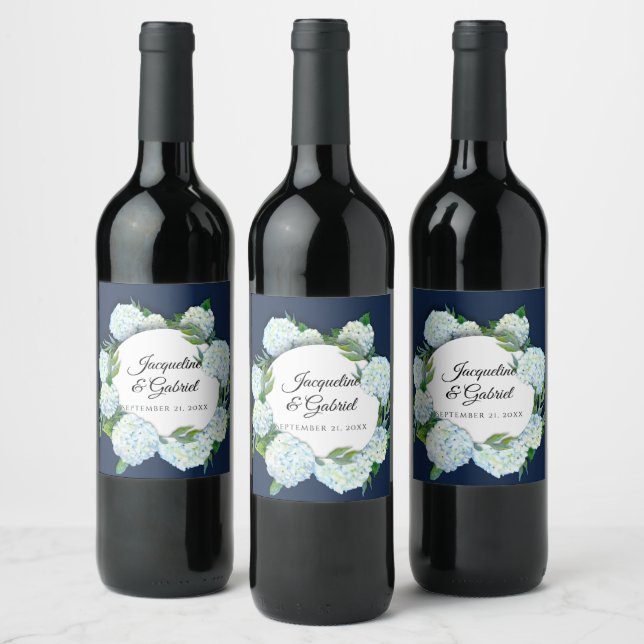 Navy Floral White Hydrangea Elegant Rustic Wedding Wine Label (Bottles)