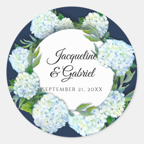 Navy Floral White Hydrangea Foliage Damask Wedding Classic Round Sticker