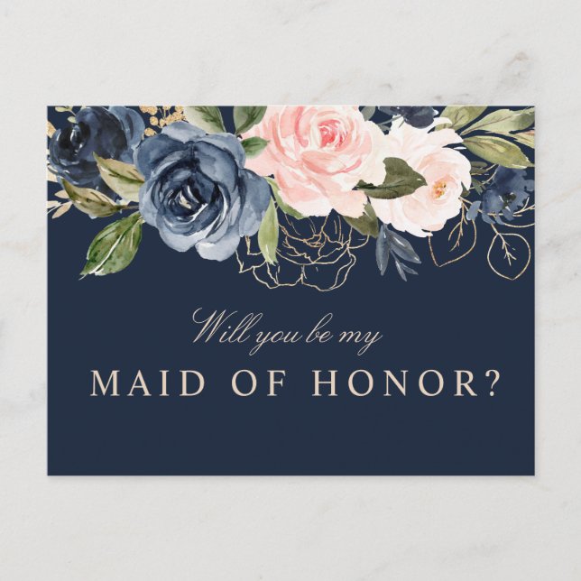 Navy floral will you be my Maid of Honor card (Front)