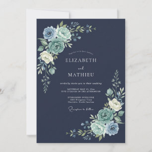 Navy Floral Winter Wedding Invitation