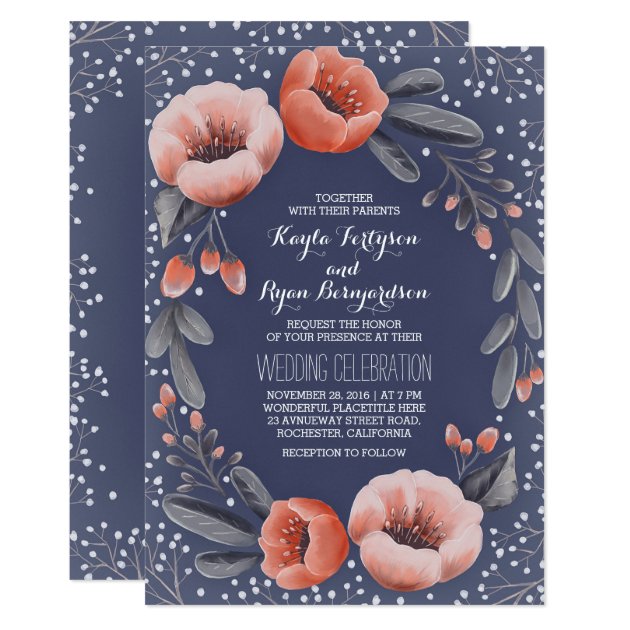 Navy Floral Wreath Baby's Breath Wedding Invitation