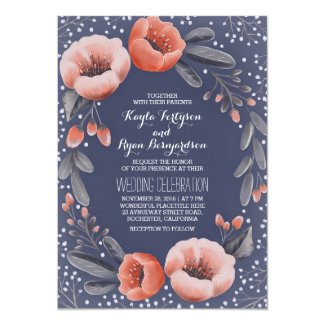 Navy Floral Wreath Baby's Breath Wedding Card