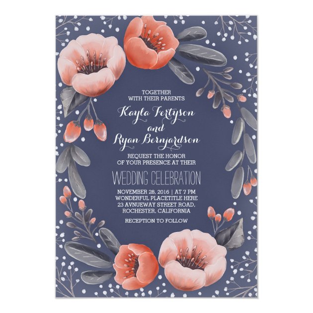 Navy Floral Wreath Baby's Breath Wedding Invitation