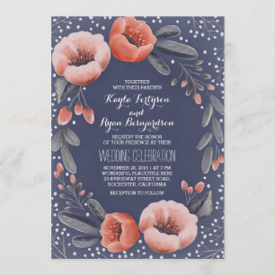 Navy Floral Wreath Baby's Breath Wedding Invitation
