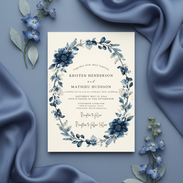 Navy Floral Wreath Wedding Invitation (Creator Uploaded)