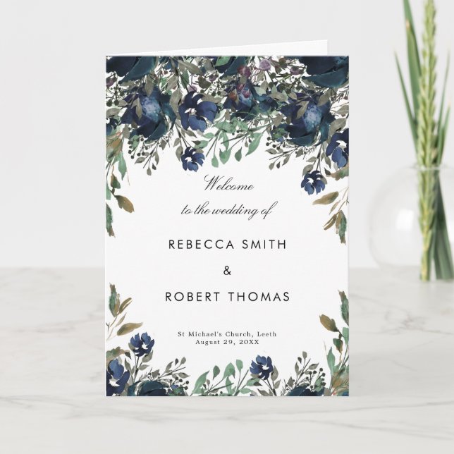 Navy florals wedding ceremony order of service program (Front)