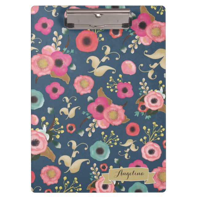 Navy Flower Pattern Modern Personalized Clip board (Front)