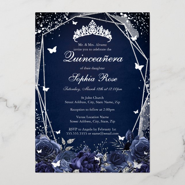 Navy Flower Tiara Silver Quinceanera  Foil Invitation (Front)