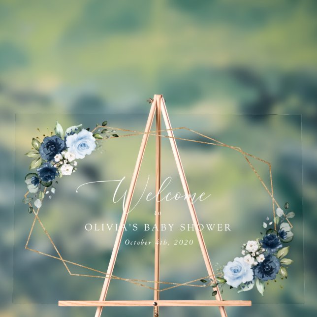 Navy Flowers, Blue Flowers, Baby Shower Welcome Acrylic Sign (Neutral)