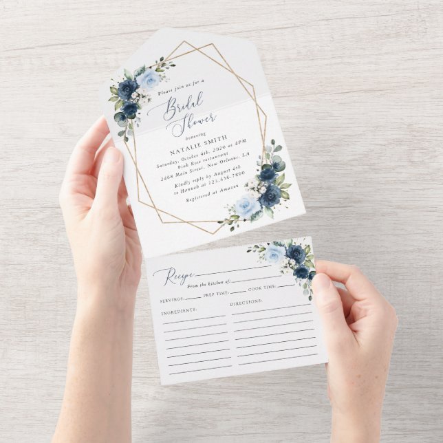 Navy Flowers, Blue Flowers, Boho, Bridal Shower All In One Invitation (Tearaway)