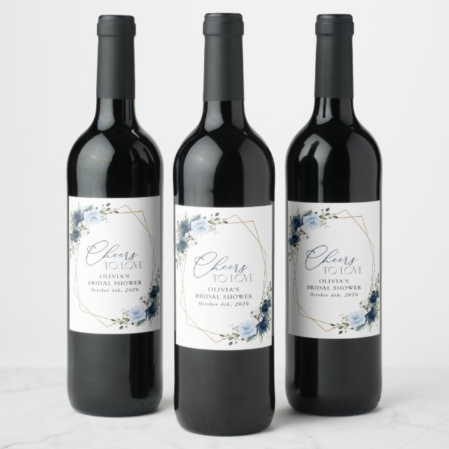 Navy Flowers, Blue Flowers, Boho, Bridal Shower Wine Label (Bottles)