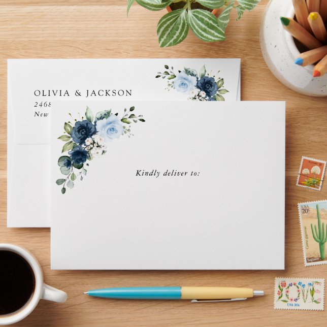 Navy Flowers, Blue Flowers, Boho, Floral Wedding Envelope (Desk)