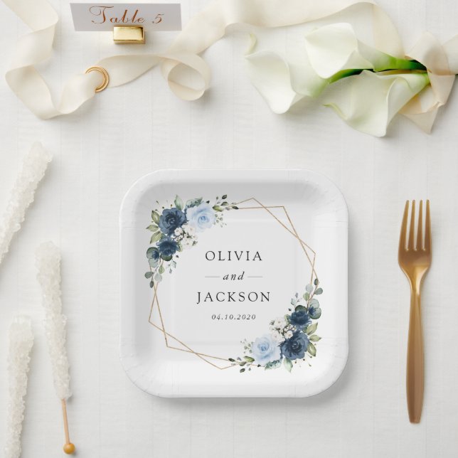 Navy Flowers, Blue Flowers, Boho, Floral Wedding Paper Plates (Wedding)