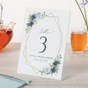 Navy Flowers, Blue Flowers, Boho, Table Numbers Pedestal Sign