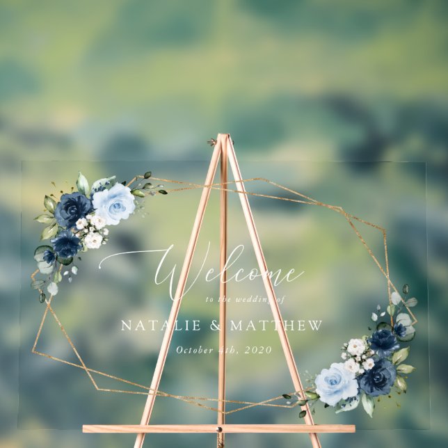 Navy Flowers, Blue Flowers, Boho, Wedding Welcome Acrylic Sign (Neutral)