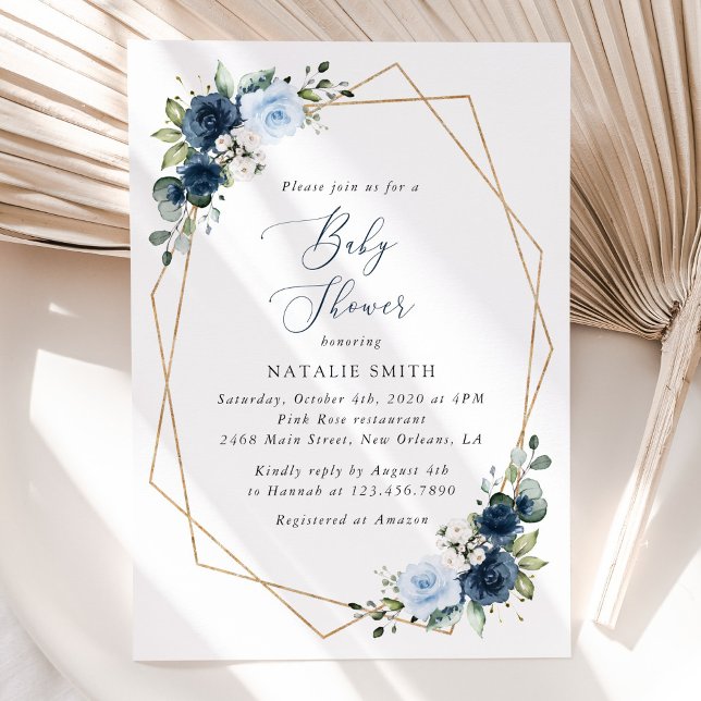 Navy Flowers, Blue Flowers, Greenery, Baby Shower Invitation (Creator Uploaded)