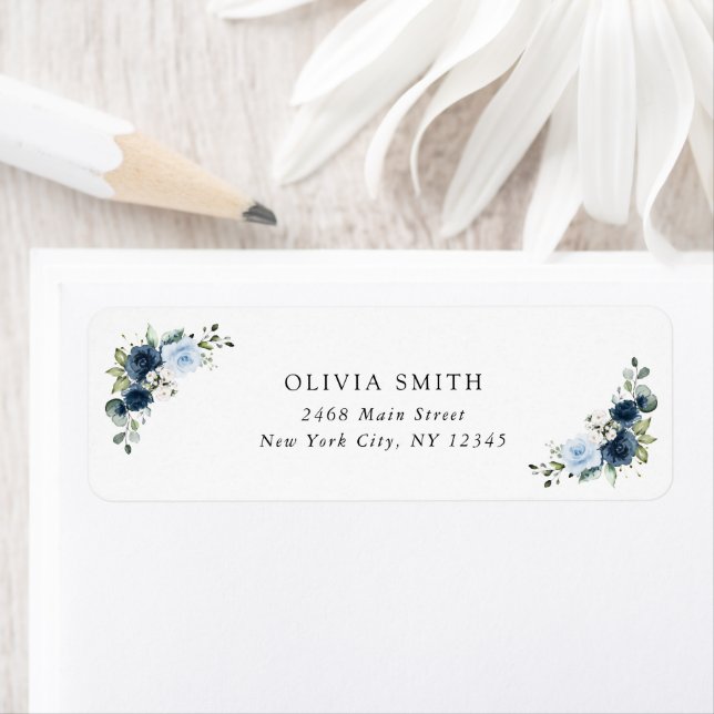 Navy Flowers, Blue Flowers, Greenery, Baby Shower Label (Insitu)