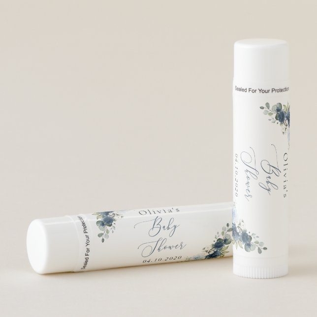 Navy Flowers, Blue Flowers, Greenery, Baby Shower Lip Balm (Front)