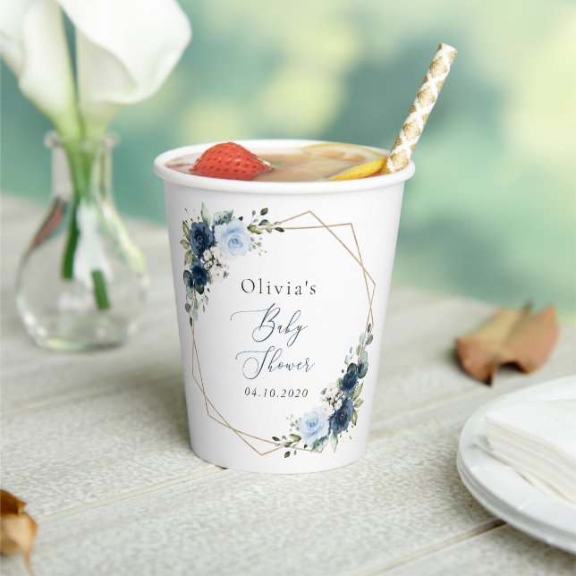 Navy Flowers, Blue Flowers, Greenery, Baby Shower Paper Cups (Insitu)