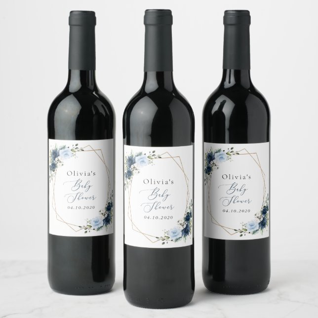 Navy Flowers, Blue Flowers, Greenery, Baby Shower Wine Label (Bottles)