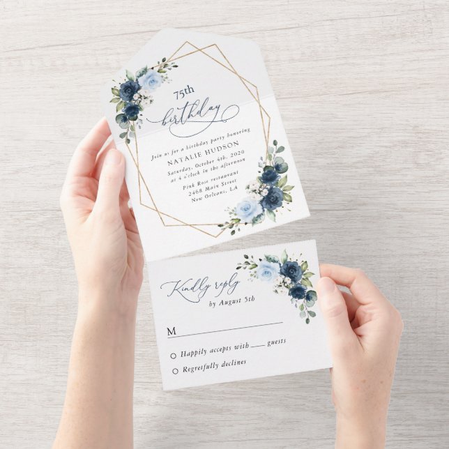 Navy Flowers, Blue Flowers, Greenery, Birthday All In One Invitation (Tearaway)