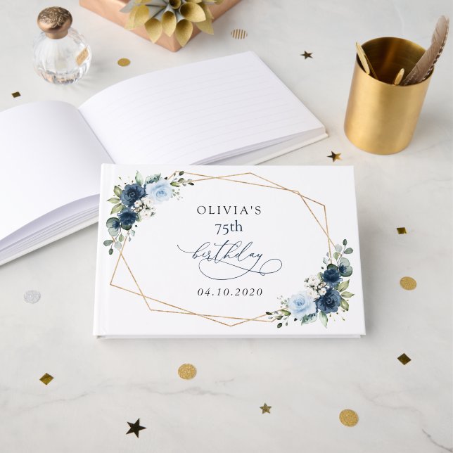Navy Flowers, Blue Flowers, Greenery, Birthday Guest Book (Front Open)
