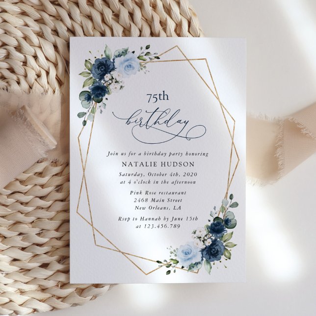 Navy Flowers, Blue Flowers, Greenery, Birthday Invitation (Creator Uploaded)