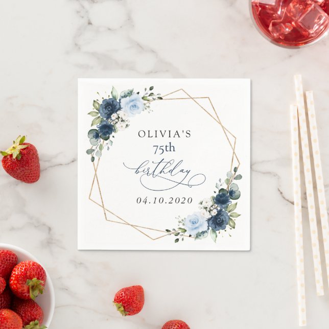 Navy Flowers, Blue Flowers, Greenery, Birthday Napkins (Insitu)