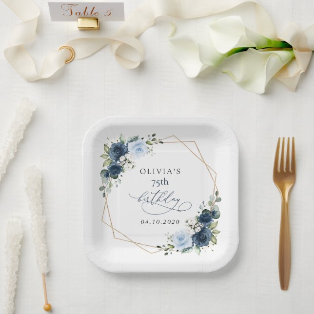 Navy Flowers, Blue Flowers, Greenery, Birthday Paper Plates (Wedding)