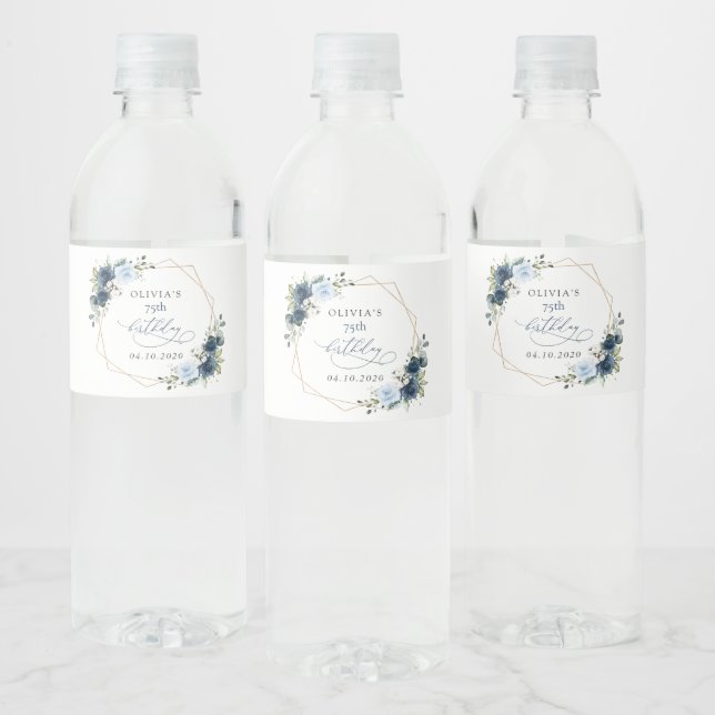 Navy Flowers, Blue Flowers, Greenery, Birthday Water Bottle Label (Bottles)