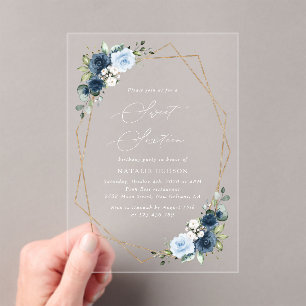 Navy Flowers, Blue Flowers, Greenery, Sweet 16 Acrylic Invitations