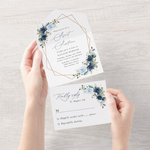 Navy Flowers, Blue Flowers, Greenery, Sweet 16 All In One Invitation
