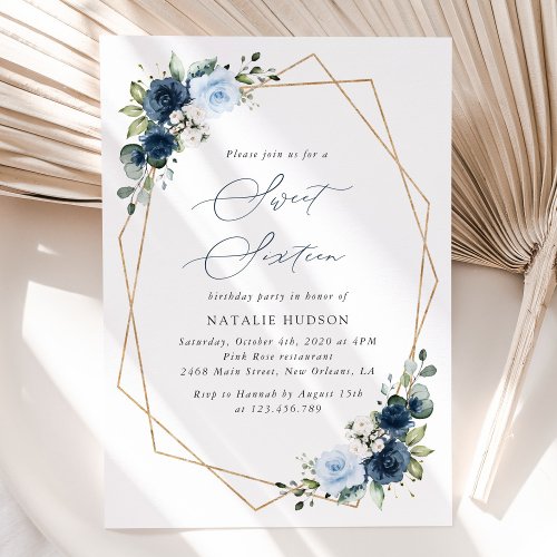 Navy Flowers, Blue Flowers, Greenery, Sweet 16 Invitation